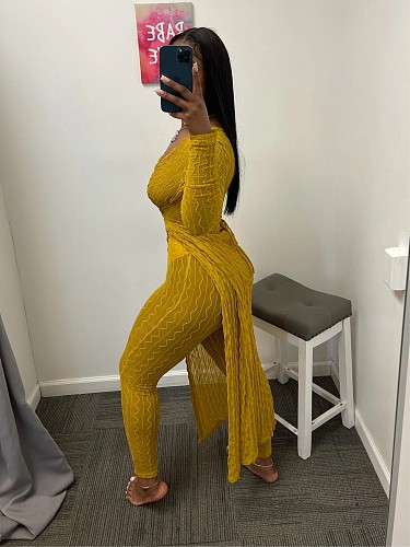 Solid Jacquard Long Sleeve Two Piece Pants Set XT-8202