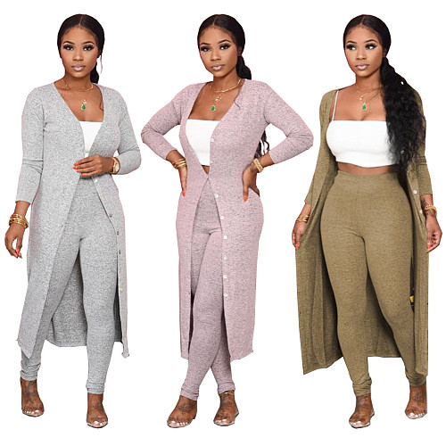 Solid Tight Stack Pants Long Cardigan Cape Suit WY-6727
