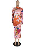 Fashion Women Printed Long Sleeves Slim Bodycon Maxi Dress YH-5315