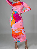 Fashion Women Printed Long Sleeves Slim Bodycon Maxi Dress YH-5315