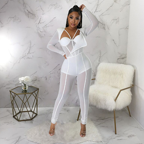 Tight Jumpsuit Solid Color Sexy See-Through Long Sleeve Nightclub YF-365