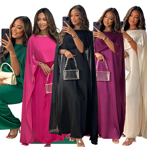 Elegant Ladies Mesh Satin Round Neck Long Dresses LS-0400