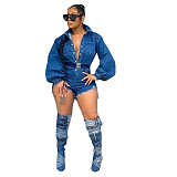 Plus Size Lantern Sleeve Button Down Denim Rompers LX-3527