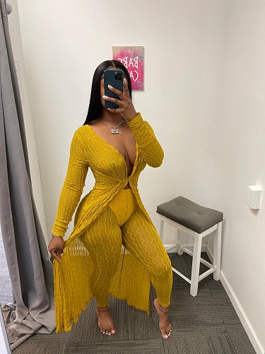 Solid Jacquard Long Sleeve Two Piece Pants Set XT-8202