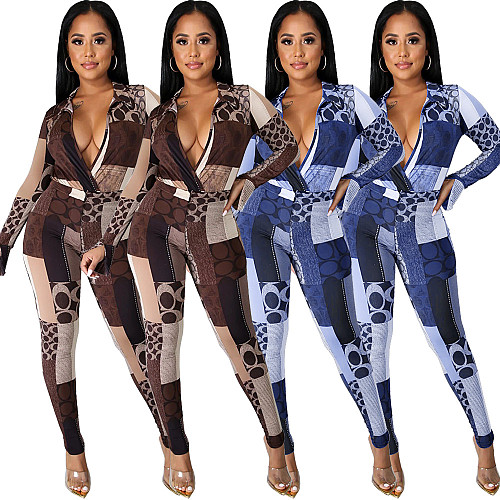 Geometric Print Long Sleeve Onesies+Long Pants Skinny Suit ASL-6309
