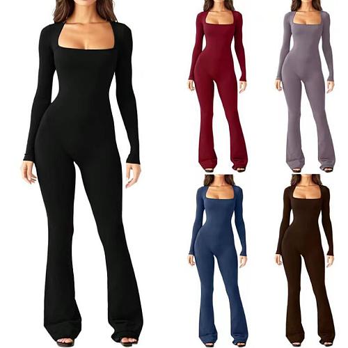 Women Square Collar Long Sleeves Slim Wide-leg Jumpsuit RS-CC124A