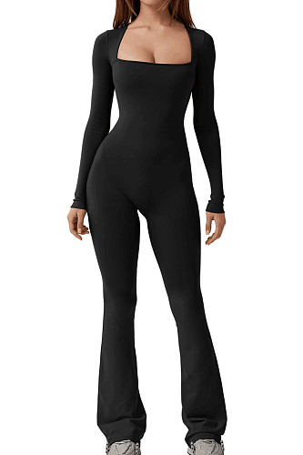 Women Square Collar Long Sleeves Slim Wide-leg Jumpsuit RS-CC124A