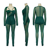 Tight Jumpsuit Solid Color Sexy See-Through Long Sleeve Nightclub YF-365