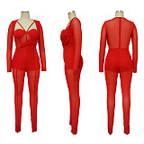 Tight Jumpsuit Solid Color Sexy See-Through Long Sleeve Nightclub YF-365
