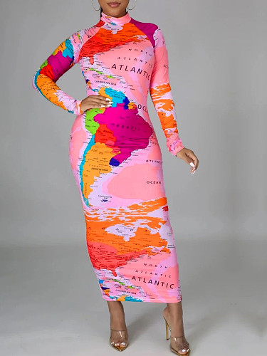 Fashion Women Printed Long Sleeves Slim Bodycon Maxi Dress YH-5315
