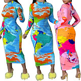 Fashion Women Printed Long Sleeves Slim Bodycon Maxi Dress YH-5315