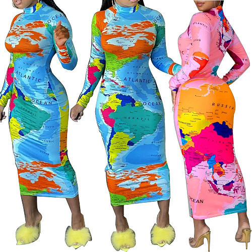 Fashion Women Printed Long Sleeves Slim Bodycon Maxi Dress YH-5315