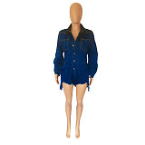 Plus Size Lantern Sleeve Button Down Denim Rompers LX-3527