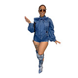 Plus Size Lantern Sleeve Button Down Denim Rompers LX-3527