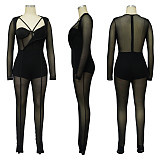 Tight Jumpsuit Solid Color Sexy See-Through Long Sleeve Nightclub YF-365