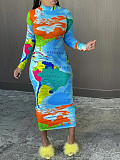 Fashion Women Printed Long Sleeves Slim Bodycon Maxi Dress YH-5315