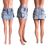 Fashion Women Slim Package Hips Pockets Denim Mini Skirt LX-3555
