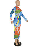 Fashion Women Printed Long Sleeves Slim Bodycon Maxi Dress YH-5315