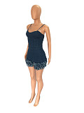 Spaghetti Strap Back Zipper Tassel Hem Denim Rompers LX-3543