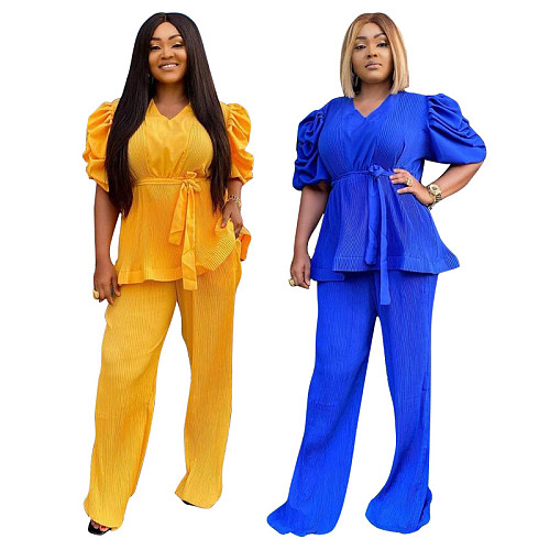 Ladies Solid Color Puffed Sleeves Ruffles Casual Large Size Sets NNWY-7037