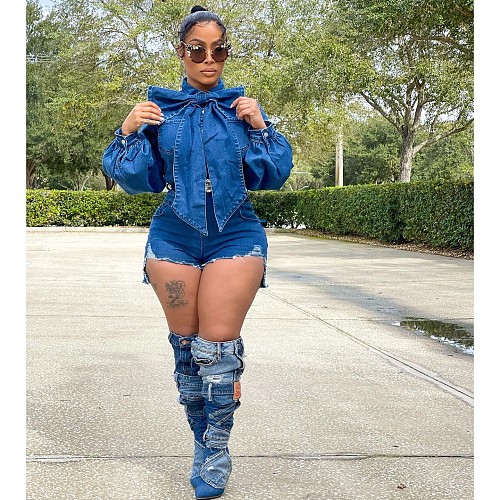 Plus Size Lantern Sleeve Button Down Denim Rompers LX-3527