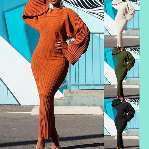 Autumn Winter Ladies Pit Long Sleeves Slim Bodycon Maxi Dress LS-0403