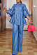 Ladies High Neck Buttons Denim Straight Pants 2 Pieces Sets BGN-316
