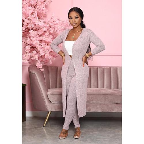 Solid Tight Stack Pants Long Cardigan Cape Suit WY-6727