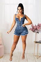 Sexy Women Sleeveless Square Collar Button Bodycon Blue Jeans Summer Club Tassel Denim Romper LX-6905