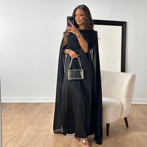 Elegant Ladies Mesh Satin Round Neck Long Dresses LS-0400