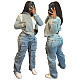 Women Zipper Fly Pockets Denim Pants Casual Blue Bottoms MEM-88544