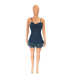 Spaghetti Strap Back Zipper Tassel Hem Denim Rompers LX-3543