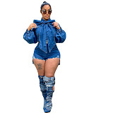 Plus Size Lantern Sleeve Button Down Denim Rompers LX-3527