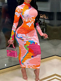 Fashion Women Printed Long Sleeves Slim Bodycon Maxi Dress YH-5315