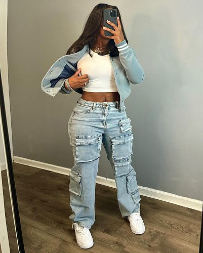 Women Zipper Fly Pockets Denim Pants Casual Blue Bottoms MEM-88544