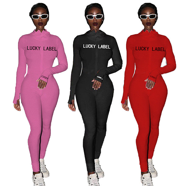 Women's High-necked Embroidered Zipper Sport Jumpsuit XY-9053