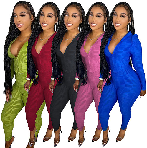 Solid Color Hooded Top Long Pants Yoga Set MOF-6653