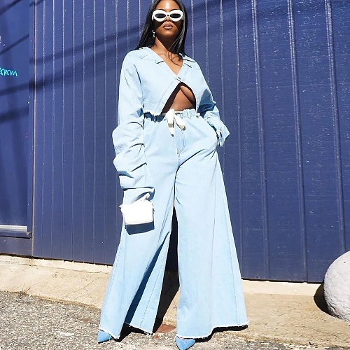 Casual Women Long Sleeves Short Coat And Long Pants Denim Loose Sets YUN-5975