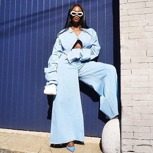 Casual Women Long Sleeves Short Coat And Long Pants Denim Loose Sets YUN-5975