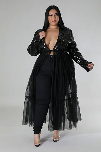 Sexy Mesh Sequined Patchwork Women Long Sleeves Long Tops NY-3138