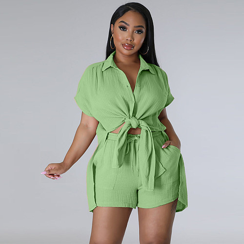 Turn Down Collar Slit Shirts Shorts Two Piece Set ANDI-1507