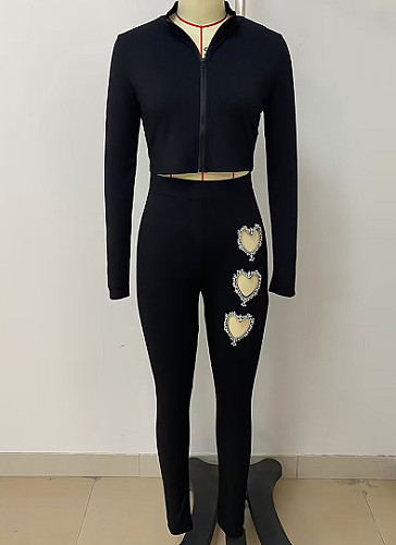 Women Long Sleeves Crop Top And Love Decoration Pants Black Suits LSD-1950