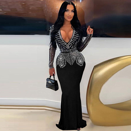 Elegant Lady Deep-V Hot Drilling Slim Black Long Party Dress NY-3108