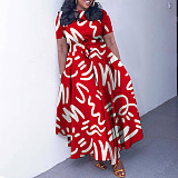 Large Size 5XL Women Printed Short Sleeves Lace-up Long Dess NNWY-7965