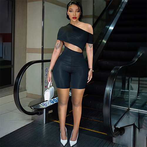 2024 Sexy Oblique Shoulder Hollow Out Black Women Rompers XRB-10072
