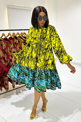 2024 Stylish Print Girls Full Sleeve Loose Hem Maxi Dresses NY-10726