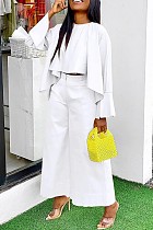 Casual Two-piece Short Front Long Back Flared Sleeve Top Wide-leg Trouser Suit WY-9034