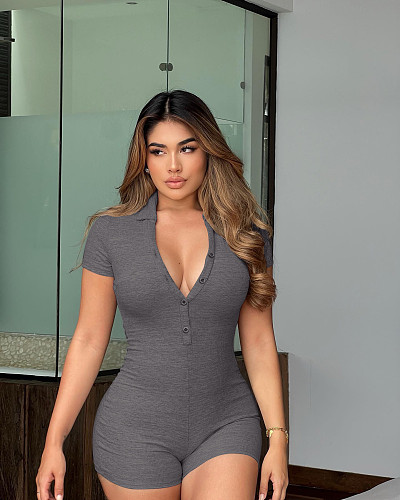 Women's POLO Collar Solid Color Lapel Breasted Ribbed Tight Romper HXZY-0299