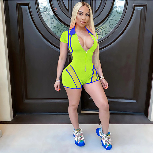 Women's Color Matching V-neck Zipper Mesh Short Sleeve Romper TE-4658