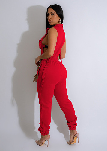 NEW Women Solid Color Side Buttons Long Zipper Pocket Hollow Out Jumpsuit TE-4660